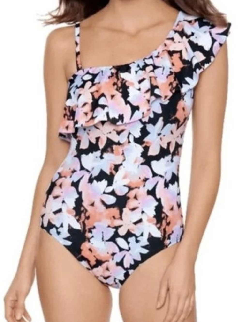 Time and Tru One-Shoulder Floral Swimsuit in Black, Coral, Lavender